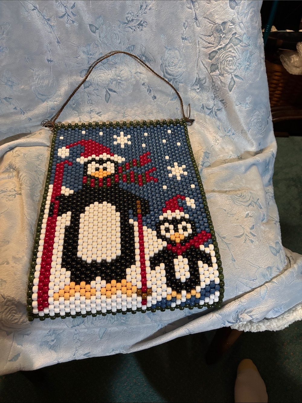 Handmade Beaded Penguin Holiday Wall Hanging - Blue, Red, Black